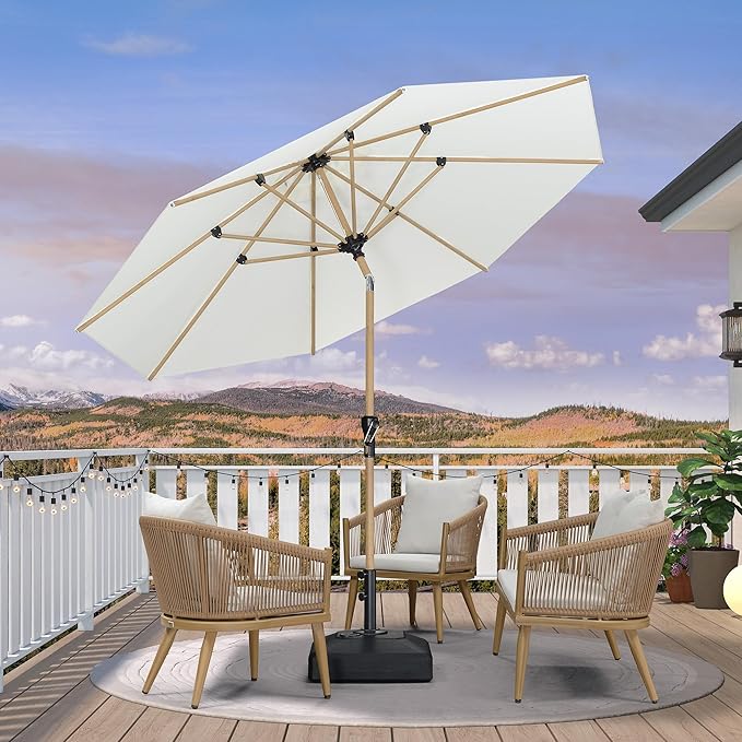 PURPLE LEAF 10 Feet Patio Umbrella with Base Outdoor Umbrella Round Market Umbrella for Table with Push Button Tilt & Crank and 8 Ribs Aluminum Pool Umbrella for Beach Patio, Cream