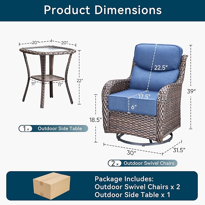 Luxury Outdoor Swivel Rocker Patio Chairs-3 Piece Wicker Patio Rocking Chairs Set of 2 with Glass Side Table 6" Thick Cushions High Back Outdoor Furniture Sets for Deck Porch Balcony(Brown/Blue)
