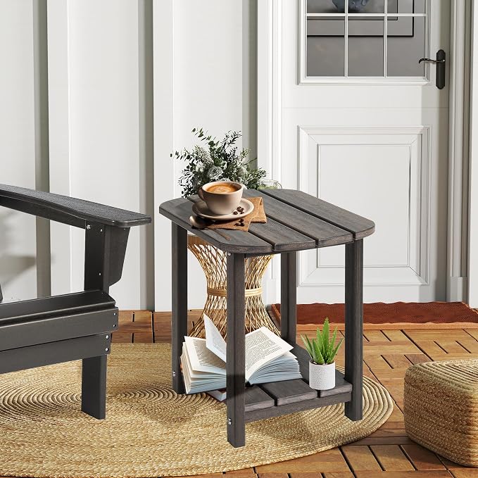 LZRS Patio End Table, Heavy Duty HDPE Outdoor Coffee Table with Wood Texture, Weatherproof Composite Table for Adirondack Chairs, Deck, Pool, Indoor/Outdoor, No Peeling Cracking(Brown Mixture)