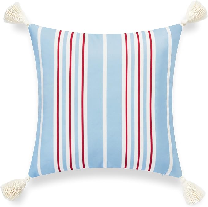Hofdeco Premium Coastal Hampton Style Patio Indoor Outdoor Throw Pillow Cover Only, 18"x18" Water Resistant for Backyard, Couch, Baby Blue Red Stripe Tassel