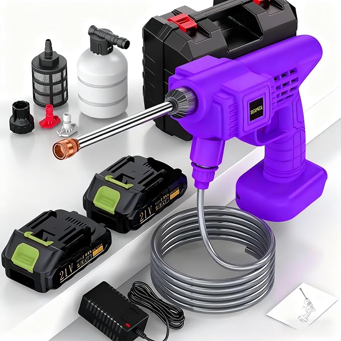 Cordless Pressure Washer, 21V, 2 Batteries, Charger, Hose, Accessories Included, 15000 r/min, Portable Power Washer (Purple Water Gun - Toolbox - Powerful Battery*2)