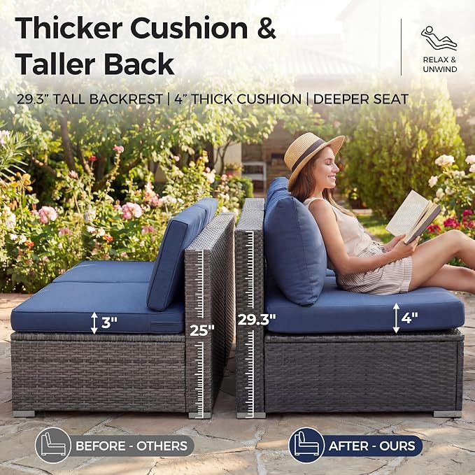 NICESOUL 20 Piece Patio Furniture Set with Fire Pit Table and Chaise, 29.3'' High Back Outdoor Wicker Couch Sets with Firepit and Lounger, 500 lbs Heavy Duty 14-Seat Outdoor Sectional, Charcoal/Navy
