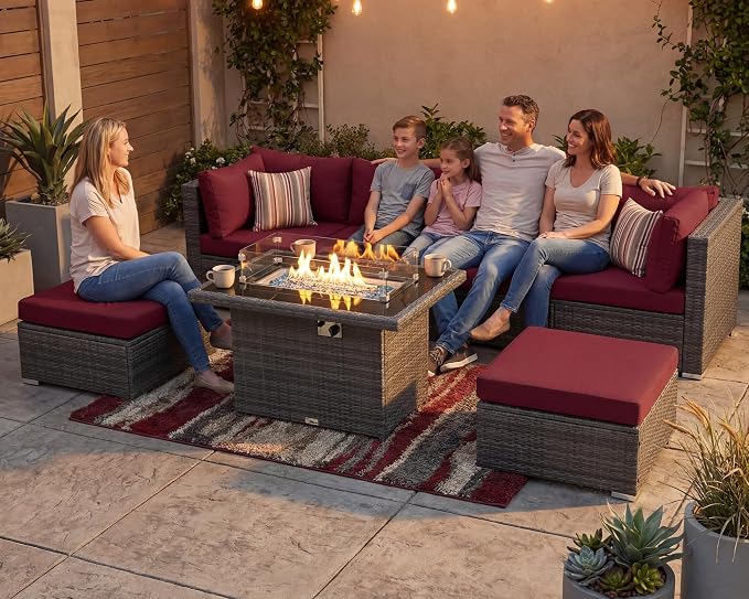 RADIATA 7 Piece Wicker Patio Furniture Set with Fire Pit, All-Weather Outdoor Sectional Couch High Back Large Size, Modular Backyard Seating Sofa Set with Propane/Natural Gas Firepit Table, Grey&Red
