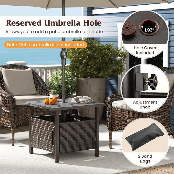 HAPPYGRILL Outdoor Side Table with 1.93" Umbrella Hole, Patio Umbrella Stand with Zinc-Iron Alloy Tabletop, Rustproof Metal Frame, PE Rattan End Table for Deck Garden Yard Poolside (with Sand Bag)