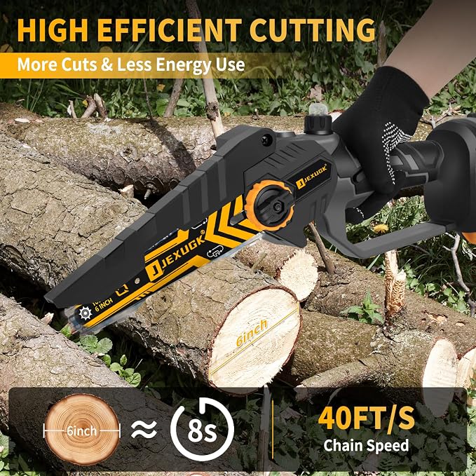 JEXUGK 6" Mini Chainsaw Cordless,2 x 2.0Ah Battery Brushless Electric Chain Saw Tool-free Installation with 2 Chains & Guide Plates,Portable Handheld Motosierra for Tree Pruning Wood Cutting