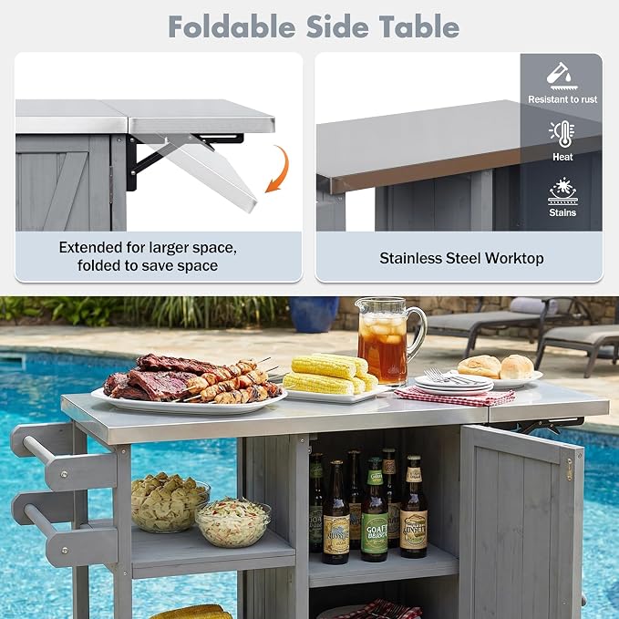 Fold-able Outdoor Storage Box with Stainless Steel Worktop, Fir Wood Patio Storage Cabinet with Lockable Wheels and Towel Rack, 40 Inch Deck Box for Grilling and Garden Tools, Grey