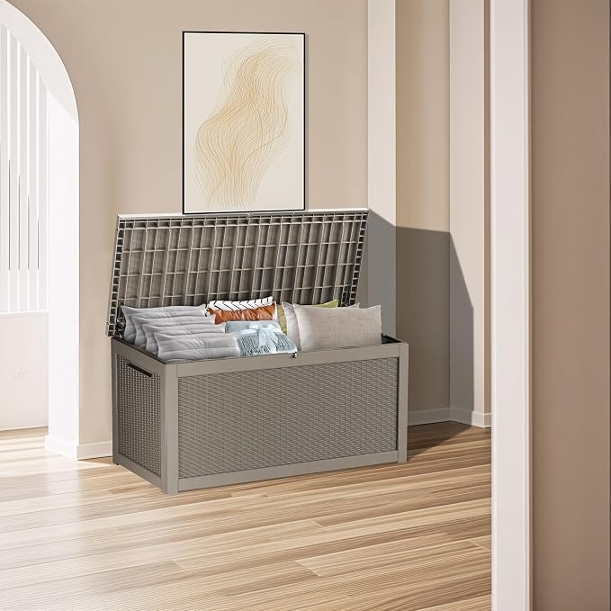 Outdoor Storage Box 325GAL Waterproof Resin Deck Box,Pool Accessories Supplies，UV-Resistant Lockable Package Delivery Bin for Garden Tools,Large Patio Outside Cushions,Chest,Furniture,Grey