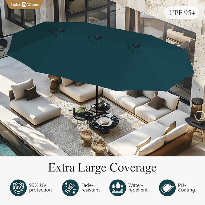 Sophia & William 15 ft Extra Large Patio Umbrella with Base Included, Rectangular Outdoor Umbrella Heavy Duty, Market Umbrella Double-sided Fade Resistant for Pool Garden Backyard, Cyan-blue