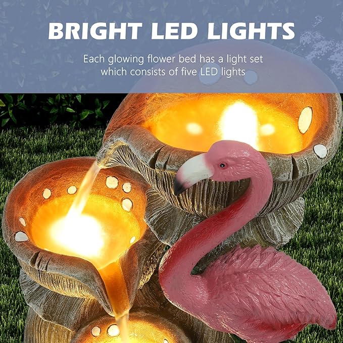5 Tier Outdoor Indoor Water Feature Fountain, Flamingo Ornamental Cascading Waterfall with 5 LED Lights for Garden, Deck, Backyard, Patio