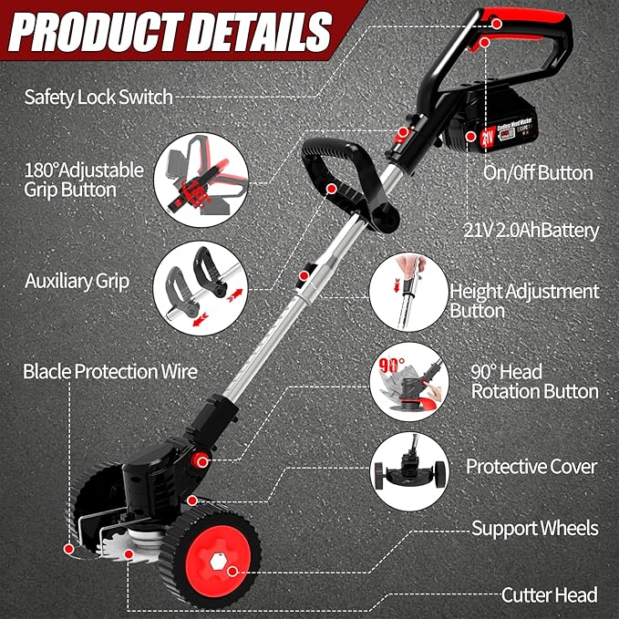 Electric Weed Wacker Cordless Eater, 21V String Trimmer Battery Powered with 2 Batteries, 3-in-1 Grass Trimmer/Lawn Edger/Brush Cutter with 4 Types Blades & Wheels, Weed Trimmer for Garden and Yard