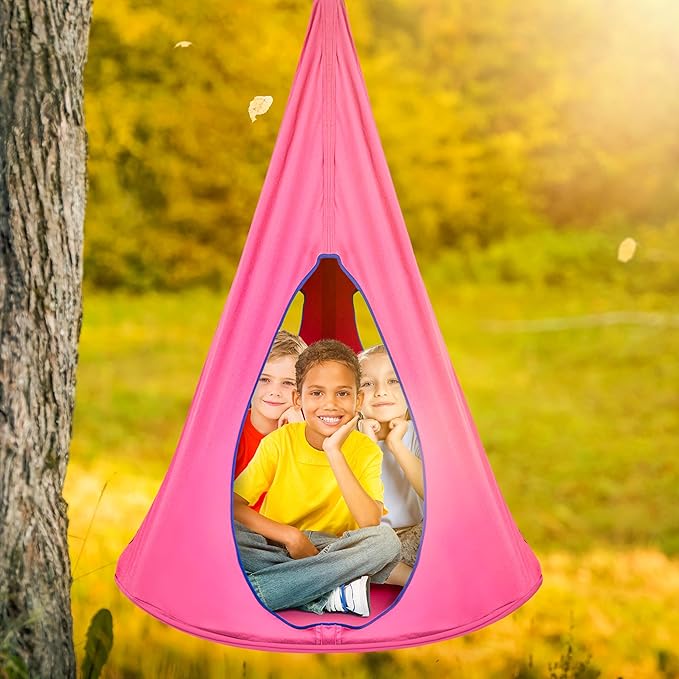 Sorbus Pod Swing for Kids - Durable Hanging Hammock Chair w/Adjustable Rope - 2 Windows & 1 Entrance - Tree Tent Sensory Swing for Kids Indoor Outdoor Use - 250lbs Sturdy Nest Swing - (Pink)