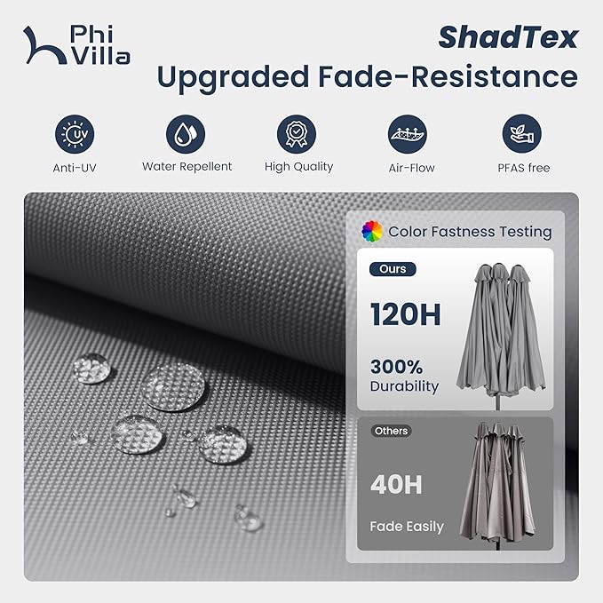 PHI VILLA 13ft Patio Umbrella with 120 PCS Solar-Powered LED Color-Changing Lights, Double-Sided Large Rectanglular Umbrella Outdoor for Table with Crank Lift,Light Grey(No Base)
