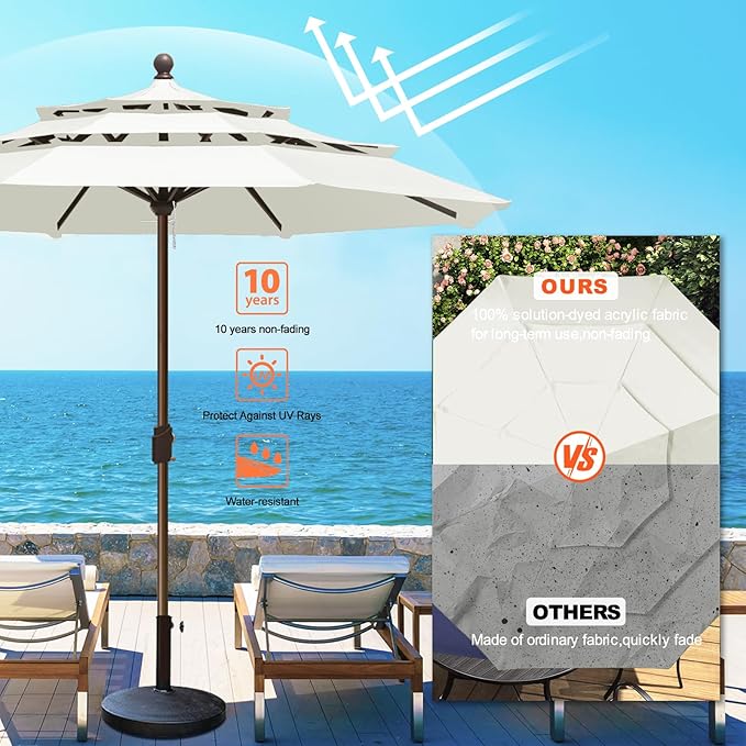 Eurmax USA 10-Year-Non-Fading 10FT 3-Tier Outdoor Patio Market Umbrella,UPF50+ UV Resistant,Heavy Duty Commercial Grade,Crank Lift Design,Windproof Vented Top for Garden,Pool,Deck,Natural