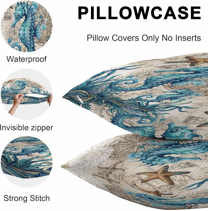 Nautical Coastal Outdoor Pillow Covers 24x24 Inch Throw Pillow Covers Set of 2 Waterproof Decorative Pillow Cases Retro Marine Life Seahorse Compass Map Beige Cushion Covers for Patio Furniture Garden
