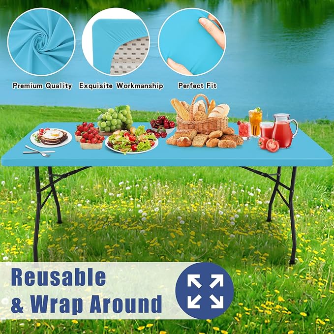Moosfor Spandex 8 Foot Rectangle Table Cloth 2 Pack, Elastic Fitted Tablecloths for Picnic, Stretch Washable Patio Table Cover for Outdoor, Camping, Banquet and Parties (Blue Mist, 30"x96")