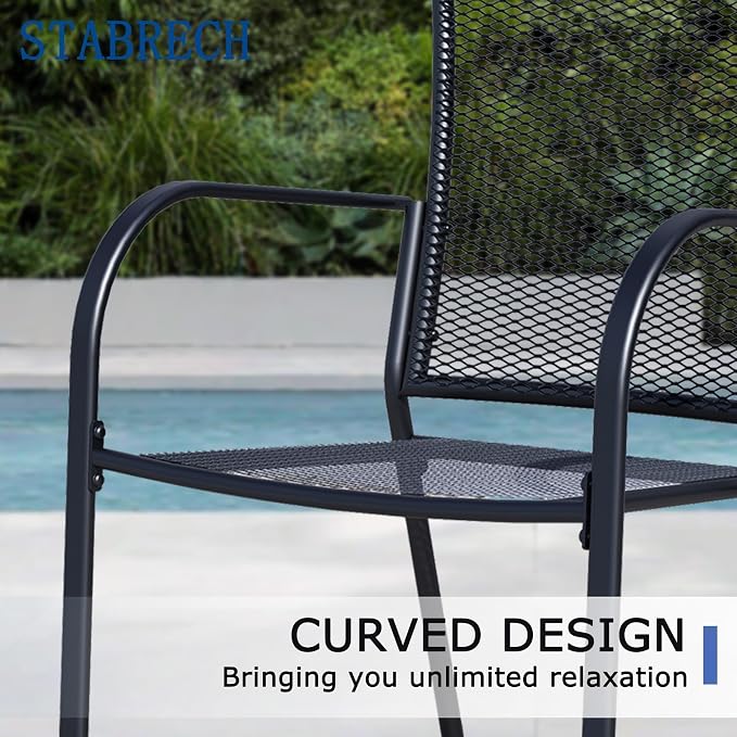 7 Pieces Outdoor Dining Set for 6, Black Metal Mesh Outdoor Dining Table and 6 Black Metal Mesh Stackable Patio Chairs with Armrest, Patio Table and Chairs Set for Lawn Garden Backyard