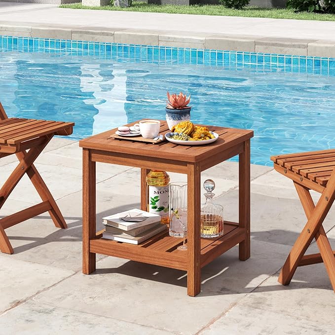 Tangkula Outdoor Side Table, 2-Tier Solid Wood Patio Table with Slatted Tabletop & Storage Shelf, Indoor Outdoor Square Small End Table for Patio, Garden, Yard, Porch, Living Room (2)
