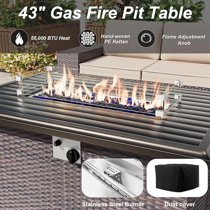 ALAULM 13 Pieces Outdoor Patio Furniture Set with Propane Fire Pit Table Outdoor Sectional Sofa Sets Patio Furniture 43" Gas Fire Pit Brown PE Rattan Patio Conversation Set w/10 Cushions (Lake Blue)
