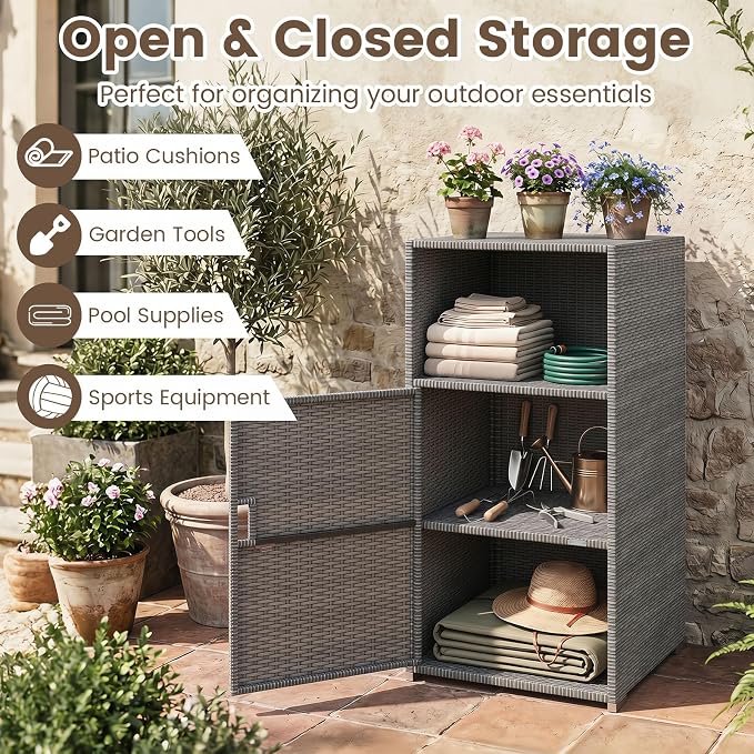 Tangkula Rattan Outdoor Storage Cabinet, Patiojoy PE Wicker Outdoor Cabinet with 3 Storage Shelves, Open Compartment and Door, Patio Storage Deck Box for Porch, Poolside, Backyard