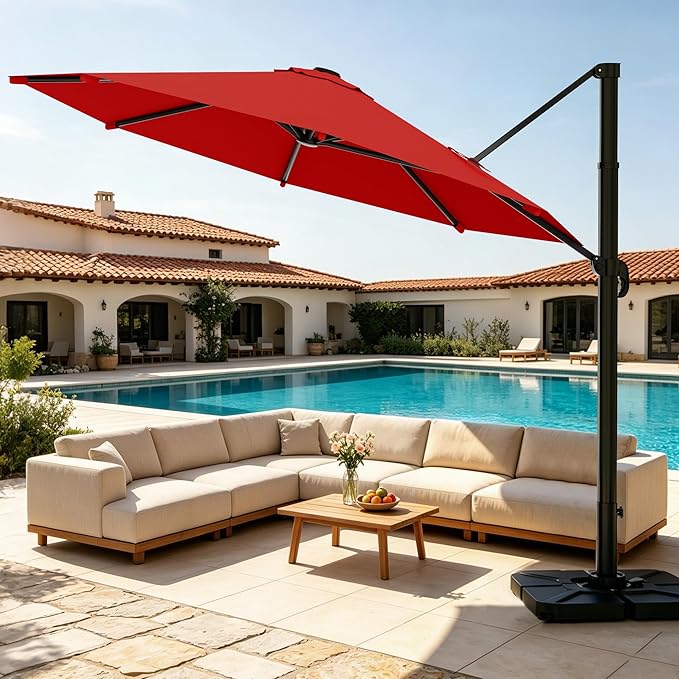 AreShark 10FT Round Cantilever Patio Umbrella with Base Included, 360° Rotation Offset Outdoor Umbrella, 5 Tilt Settings Heavy Duty Hanging Parasol for Deck Garden Pool, Red