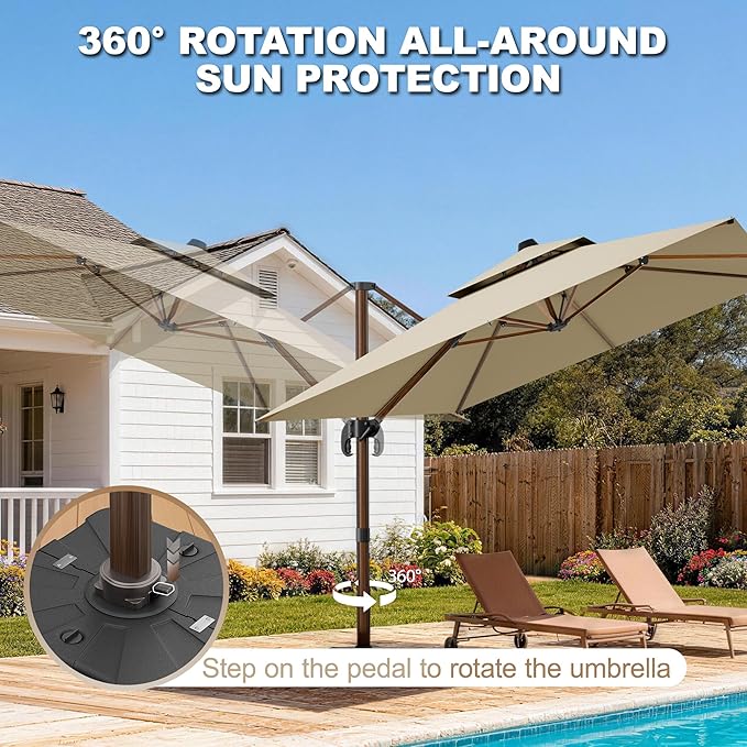 10x13FT Cantilever Outdoor Patio Umbrellas, Double Top Wood Pattern Rectangle Umbrella, Heavy Duty 360°Rotation Offset Umbrella for Garden Deck Pool Patio, Beige