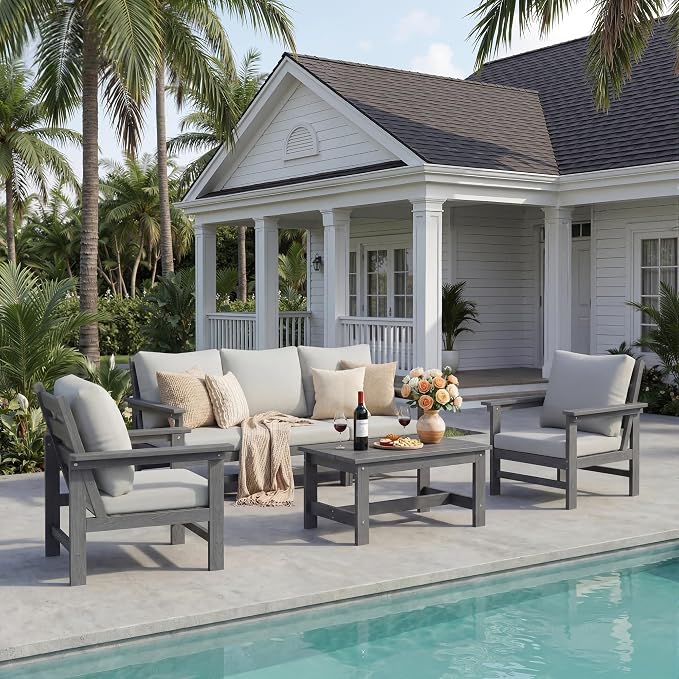 HDPE Patio Furniture Set 6 Piece Outdoor Furniture Sets Modular Sofa Set with Cushion All Weather Patio Conversation Set for Yard Garden Poolside Deck