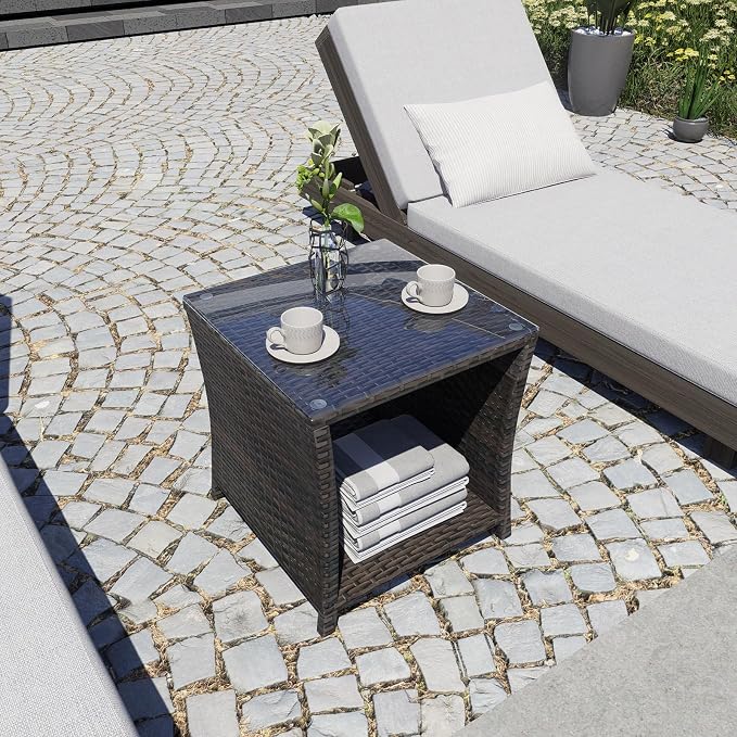 Rattan Side Table,Outdoor Patio Wicker Table,Modern Patio End Side Table with Glass Countertop and Storage Space,for Garden Balcony Porch (Brown3)