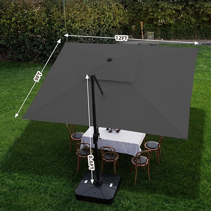 9 X 12 FT Cantilever Outdoor Patio Umbrella with Base Included Large Heavy Duty 360° Rotation Double Top Offset Rectangular Umbrellas with LED Lights for Backyard Outside Deck, Grey