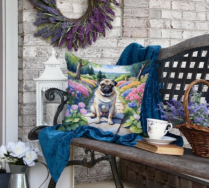 Caroline's Treasures Pug Spring Path Throw Pillow Machine Washable, Indoor Outdoor Decorative Pillow for Couch, Bed or Patio, 18Hx18W