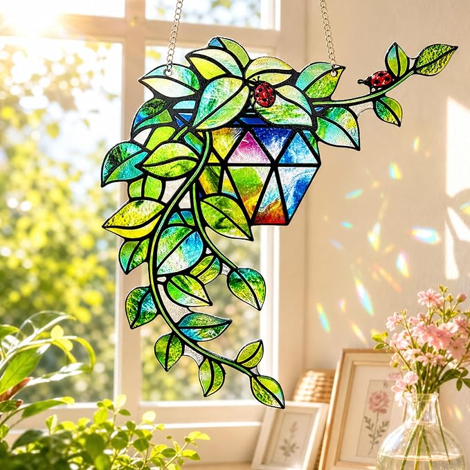 Plant Suncatcher Glass, Stained Glass Suncatcher Plant Window Hanging, Unique Nature Lover Gifts Leaf Idea