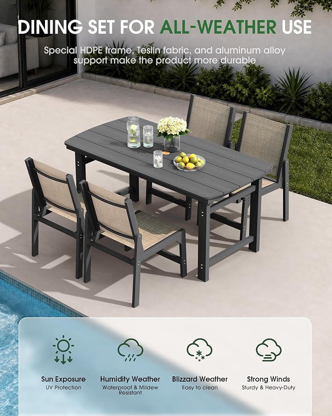 HDPE Outdoor Patio Dining Set with Table & 4 Stackable Armless Textilene Chairs, All-Weather 5-Piece Dining Table Set with Umbrella Hole, Patio Furniture for Garden, Poolside, Backyard, Deck | Grey