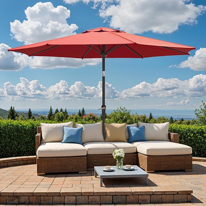 Outdoor Patio Umbrella, Table Umbrella with Push Button Tilt and Crank, 8 Ribs Market Umbrella