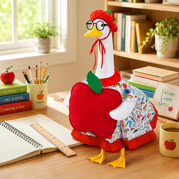 Watayo 3 Pcs Back to School Porch Goose Outfits, Classroom Apple Goose Clothes Set Includes Hat Clothes and Glasses, Funny School Goose Costume for 23" H Statue Outdoor Garden Yard Patio Lawn Decor