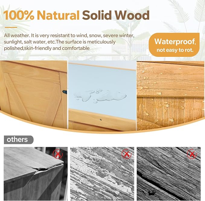 Outdoor Deck Box Storage Cabinet with Metal Work Surface, Weatherproof Hemlock Wood Patio Storage for Garden Tools and Supplies, Stable X-Shape Design, 31 x 18 x 36 Inches, Wood Color