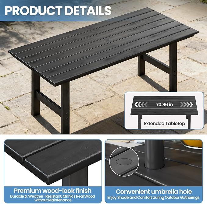 HDPE Outdoor Dining Table and Chairs, 7-Piece Patio Table and Chairs Set, Outdoor Dining Set for 6, All-Weather Dining Furniture Set with Umbrella Hole, Black