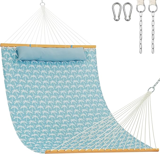 Lazy Daze Hammocks 12FT Quilted Fabric Hammock with Soft Pillow, Double 2 Person Tree Hammock with Spreader Bar for Outside Patio Poolside Backyard Beach, 450 lbs Capacity, Coastal Floral