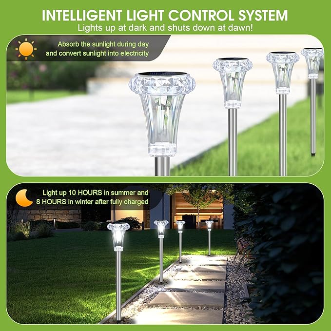 Solar Lights Outdoor Waterproof, Stainless Steel LED Solar Garden Lights for Patio, Lawn, Yard and Landscape, Garden Decor Patio Decor (12 Pack)