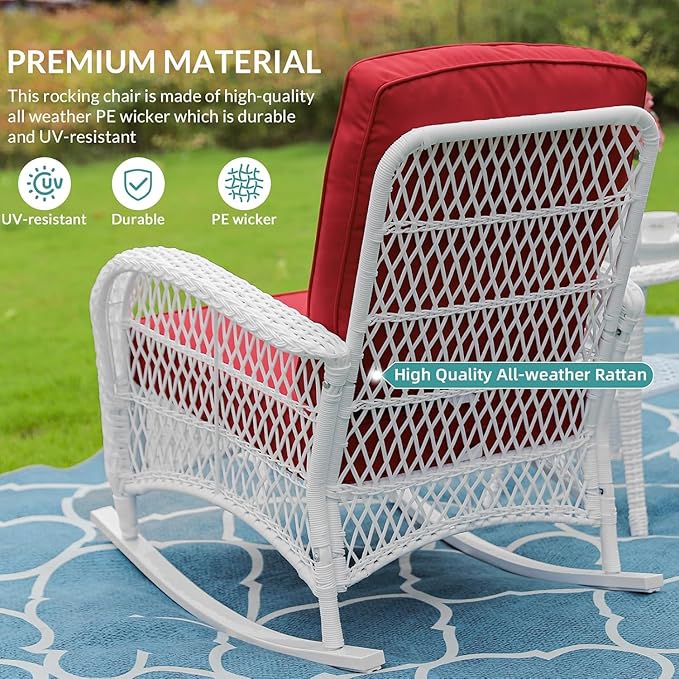 MEETWARM 4 Pieces Outdoor Wicker Patio Conversation Sets with Glider Loveseat, 2 Chairs with Coffee Table Wicker Rocking Chair Set, Patio Furniture Set with Thickened Cushions, White/Red