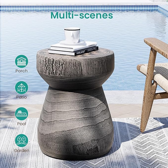 SUNBURY Outdoor Side Table, 14" Small Outdoor End Table, Patio Side Tables w Chessboard, Round Outdoors Concrete Side Tables, Garden Stool Plant Stand for Porch, Backyard, Grey