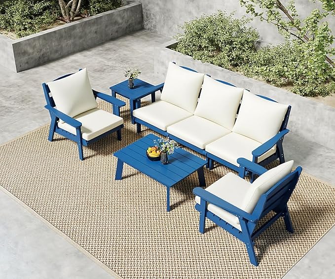 FOOWIN 7-Piece Patio Furniture Set, HDPE All-Weather Outdoor Conversation Set with Thick Cushions, Sectional Patio Sofa Furniture for Deck, Porch, Lawn, Garden, Navy Blue Frame & White Cushion