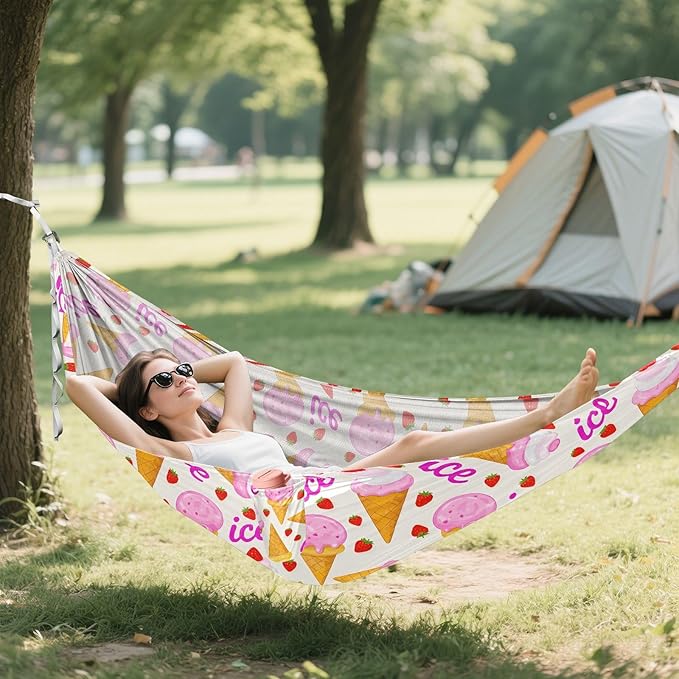 Camping Hammock Outdoor Hammocks for Outside Ice Cream Cone Strawberry Beach Trees Portable Lightweight with Pockets Tree Straps Indoor Small