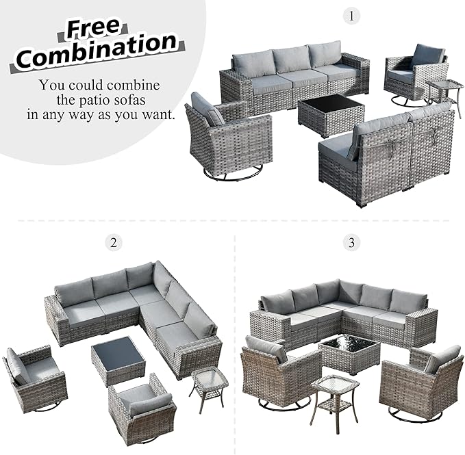 HOOOWOOO Outdoor Patio Sectional Furniture Sofa Set with Swivel Rocking Chairs,9 Piece Modern Wicker Couch with Widened Armrest,Modular Conversation Seating Set for Garden(Dark Grey)