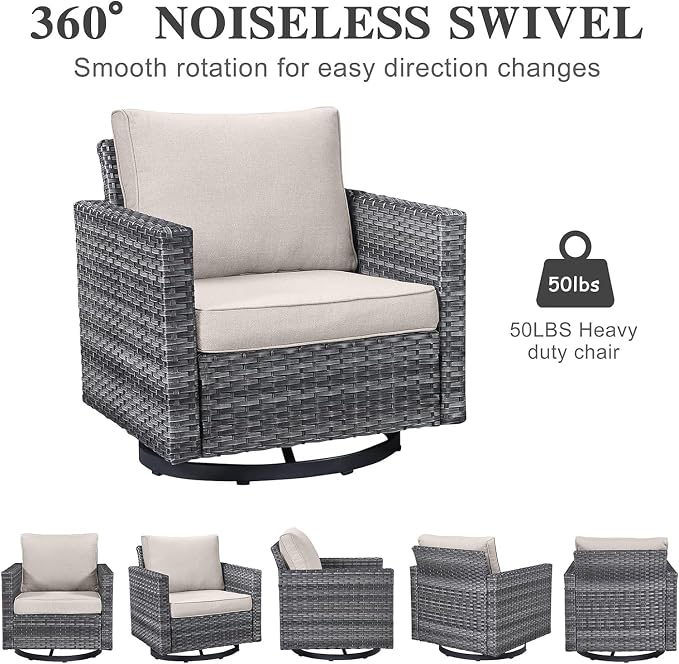 Patio Sectional Furniture Set with Fire Pit Table: 10 Pieces Wicker Patio Conversation Set with L Shaped Sofa, Outdoor Swivel Glider Rocker, Rattan Club Chairs, Ottomans, Removable Cushions Beige