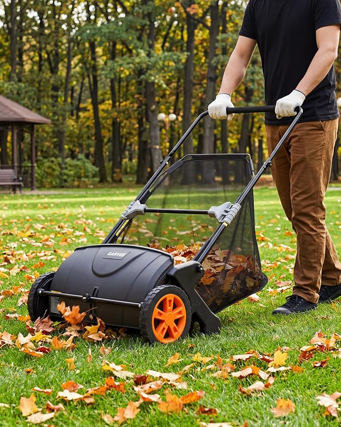 21-Inch Push Lawn Sweeper, 3.5 Cu. Ft. Hopper Leaf & Grass Collector, 4 Spinning Brushes, Adjustable Brush Height, Manual Yard Sweeper for Grass Clippings, Leaves & Light Debris, Black & Orange