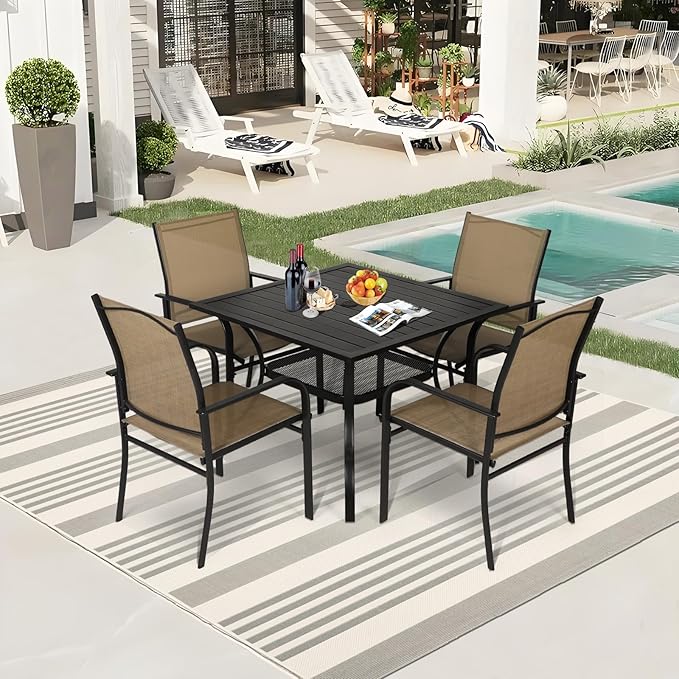 Incbruce 5 Pieces Patio Dining Set, Outdoor Dining Set of 4 Textilene Chairs and Square Table with Umbrella Hole for Backyard, Garden, and Poolside (Brown)