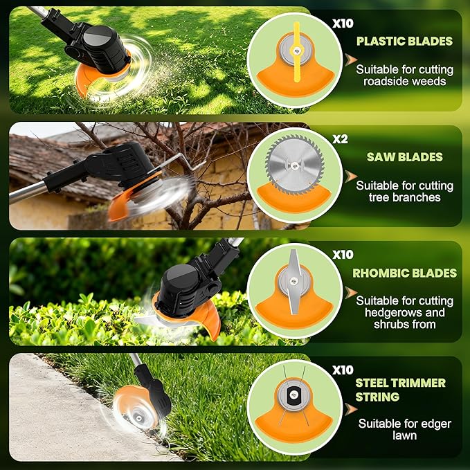 Cordless Electric Weed Wacker, 3-in-1 No String Electric Eater Battery Powered Grass Trimmer Lawn Edger Brush Cutter, Lightweight Portable Weed Trimmer with 4 Blades & Wheels for Yard Lawn Garden