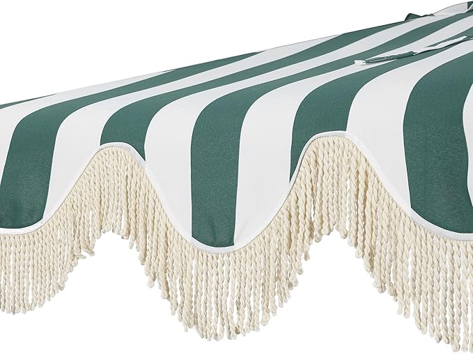 JONATHAN Y Beverly 9 ft. Coastal Green and White Striped Half Patio Umbrella with Scalloped Fringe, Crank Lift, and Manual Tilt for Balcony, White Pole UMB1201L
