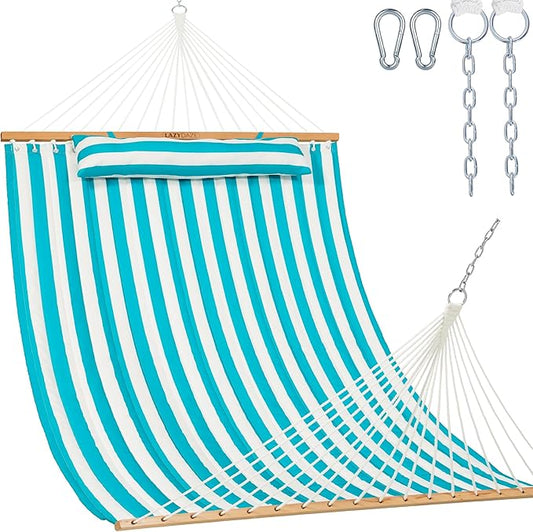 Lazy Daze Hammocks 12FT Quilted Fabric Double Hammock with Spreader Bars and Detachable Pillow, 2 Person Hammock for Outdoor Patio Backyard Poolside, 450 LBS Weight Capacity, Sailor Stripe