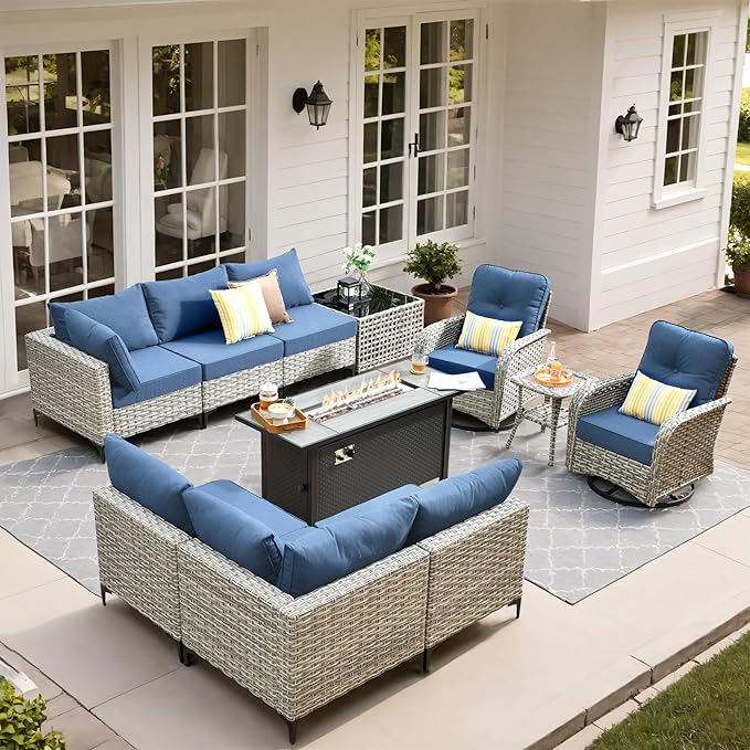 Outdoor Patio Furniture Sets,11 PCS Patio Conversation Set Outside Rattan Sectional Sofa with 54 in Fire Pit Table Wicker Rocking Chair Coffee Table Fit Backyard Porch Garden Poolside Balcony