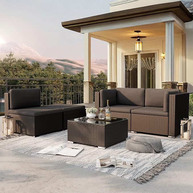 Oakcloud 5-Piece Outdoor Patio Furniture Sofa Set Black Rattan Wicker Sectional Conversation Sets with Glass Top Table and Cushions(Grey)